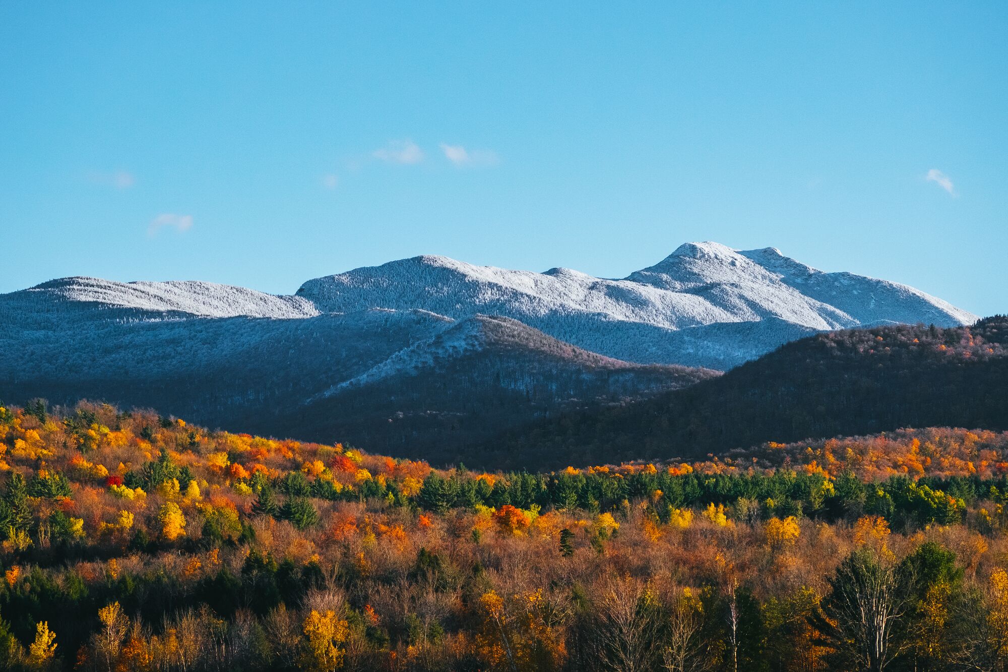 Snow-capped mountains in the distance, with colorful foliage in the foreground.