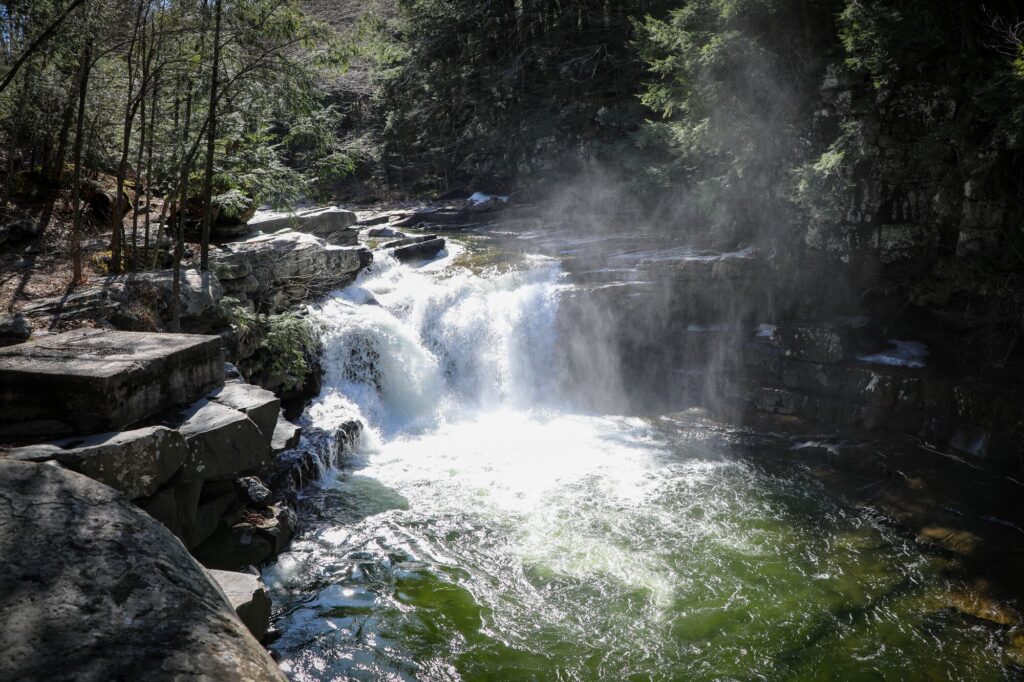 The scenic waterfall cascade at Bristol Falls, Vermont.