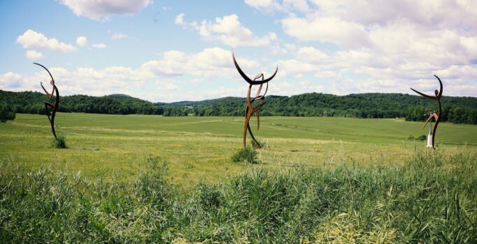 Tall abstract sculptures in a field on a sunny day.