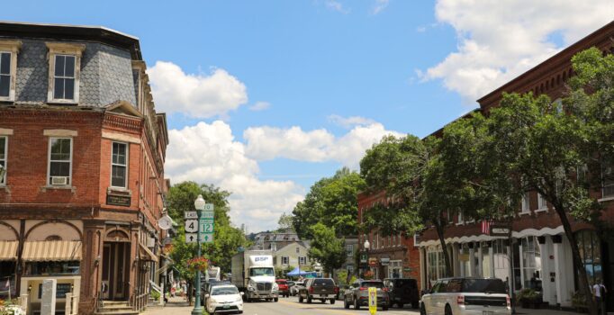 Woodstock Vermont roadway of 4 East and Vermont Route 12 South.