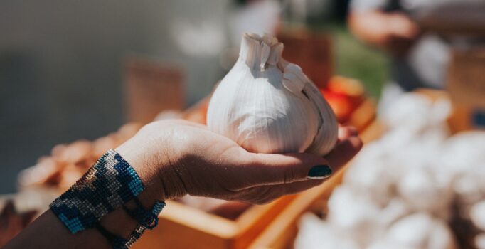 A hand holds garlic bulb in front of a wooden crate of garlic.