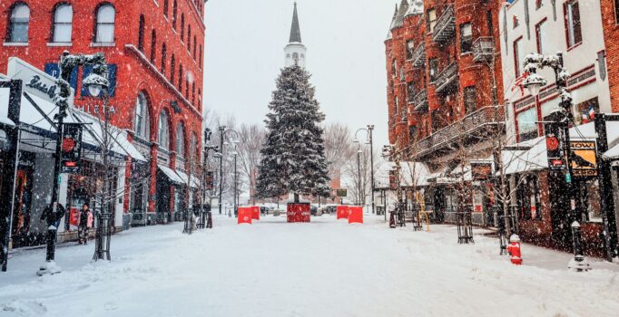 A holiday display at the end of a pedestrian mall in Vermont.