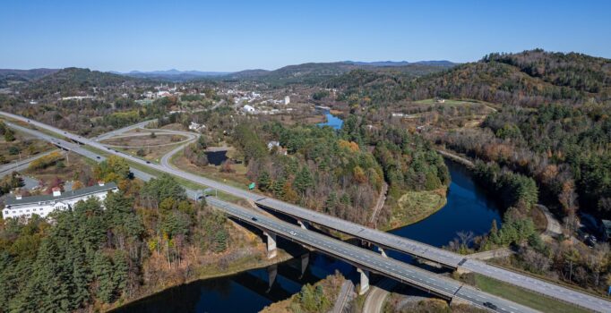 Aerial view of St Johnsbury showing the highway and river.