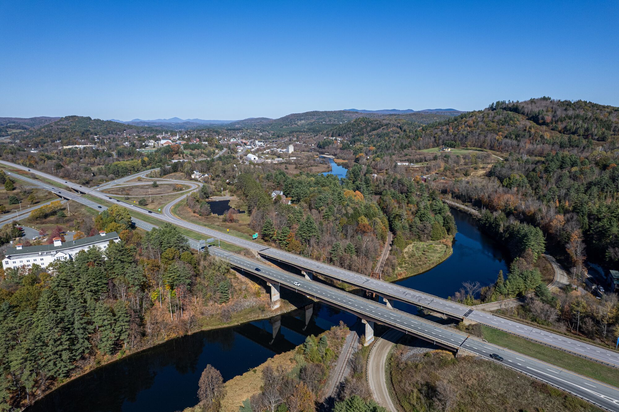 Aerial view of St Johnsbury showing the highway and river.