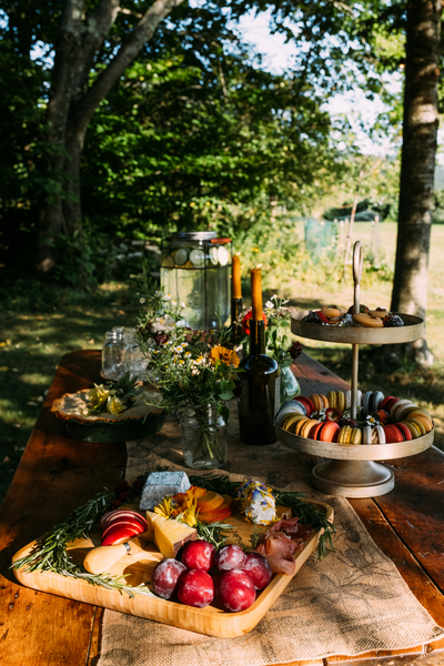 Colorful food on a table in the summer outdoors.