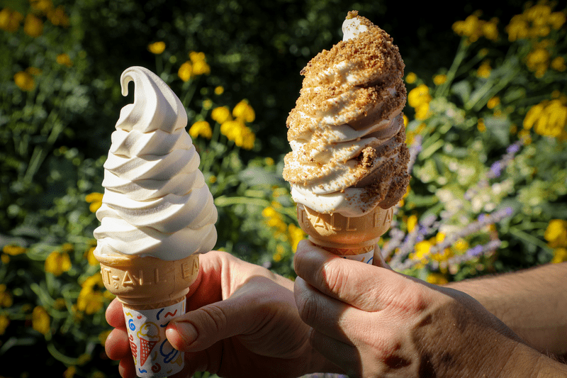 Two hands hold a white soft ice cream cone each, one covered with medium-brown maple sugar sprinkles.