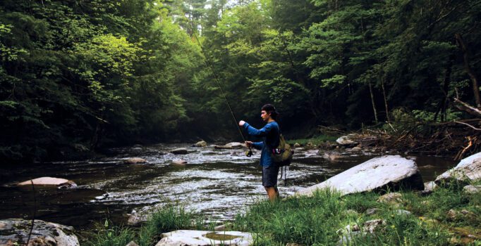 A person fishes in a stream.