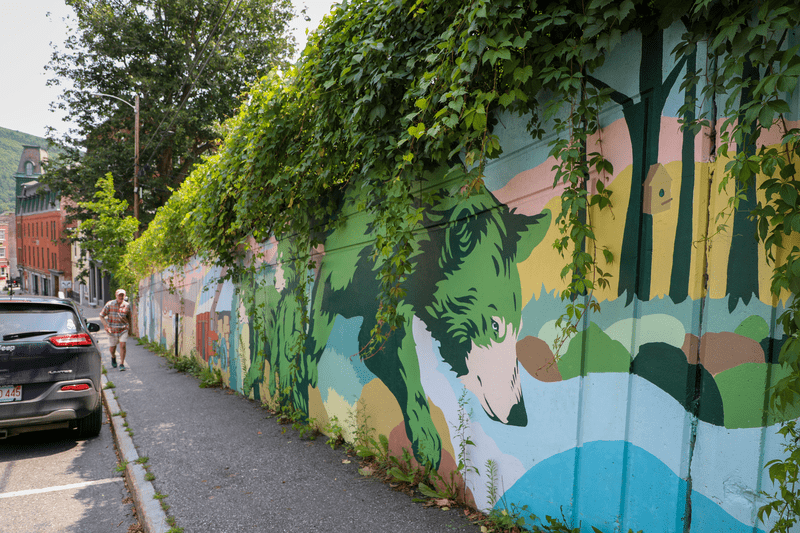 A wall next to a sidewalk painted with a colorful mural featuring a green bear, river, and forest.