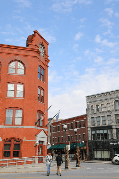 A streetscape of the clock tower in downtown Rutland, Vermont.