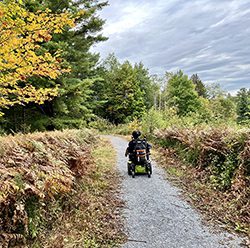 A person in a wheelchair seen from behind navigating a gravel path.