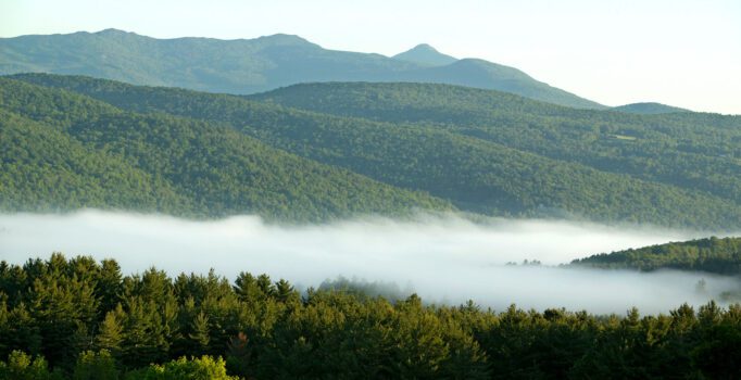 Expansive view of mountains and valleys covered with green trees and fog in the valley.