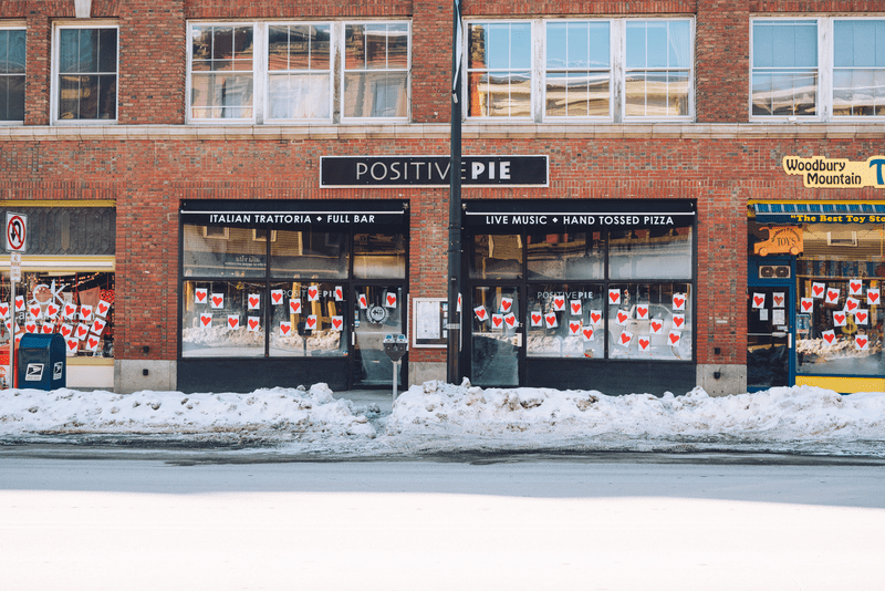 A valentines day tradition for Montpelier where hearts are posted on the storefronts throughout the downtown.