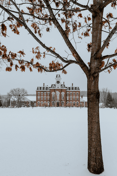 A winter scene of the campus of the Vermont College of Fine Arts.