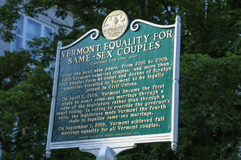 Historic marker for Vermont Equality for Same-Sex Couples.