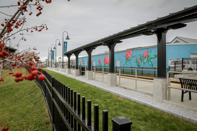 View of the colorfully painted Middlebury train station from behind a fence. The building is teal with large pink flowers painted along the side of it.