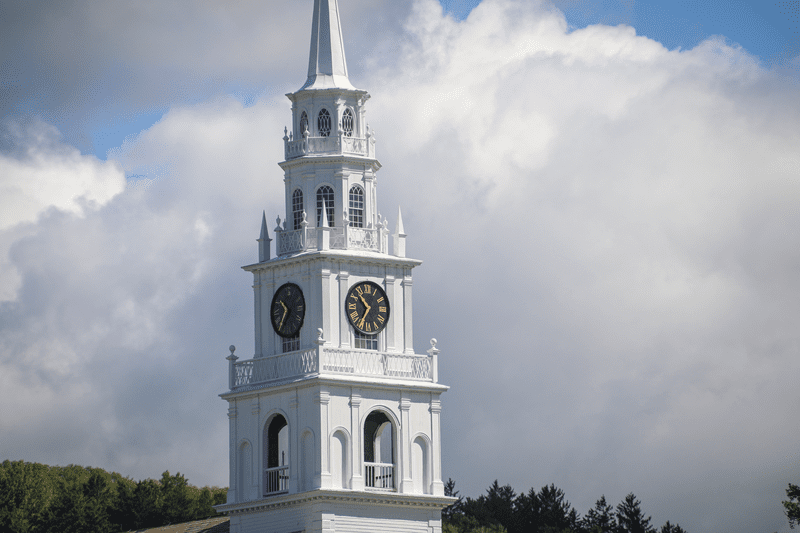 A clock tower in Middlebury, Vermont.