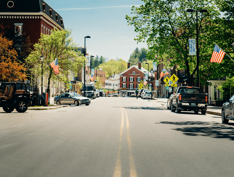 A late summer streetscape of Montpelier, Vermont.