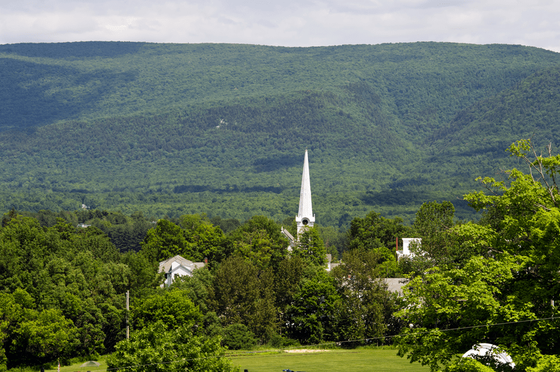 A church steeple peeks out above a canopy of green, with a mountain backdrop.