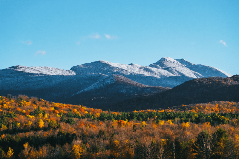 A mountain with a dusting of snow, seen from a distance. In the foreground, trees with autumn leaves fill the lower part of the image.