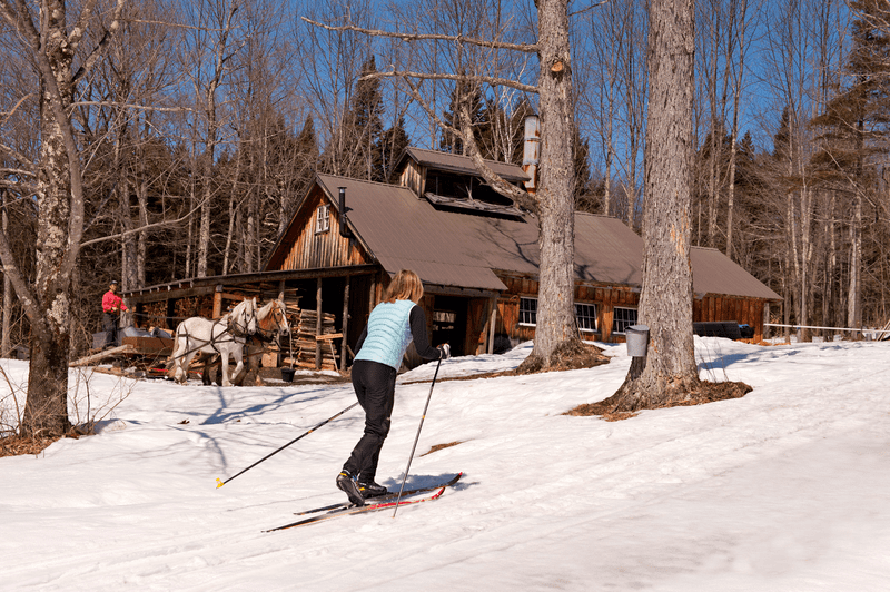 A person cross-country skis in front of a brown lodge with smoke emerging from a chimney. 