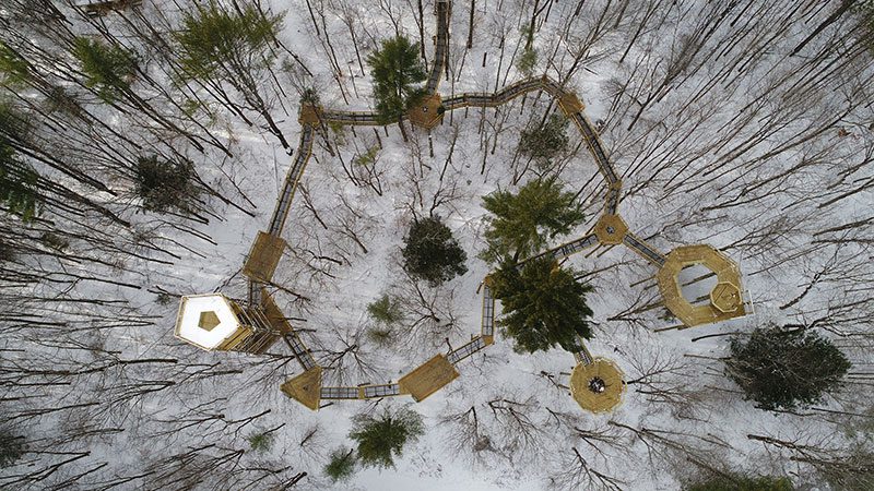 Seen from above, a boardwalk with trails in the winter.