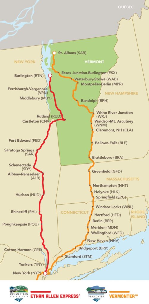View of a map showing two separate railroad lines starting in New York City and traveling north to the State of Vermont.