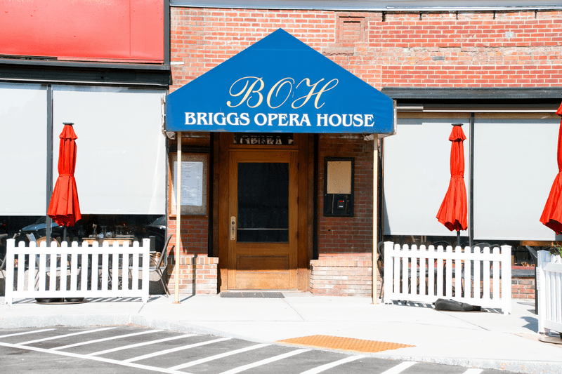 The entryway awning of Briggs Opera House (BOH).