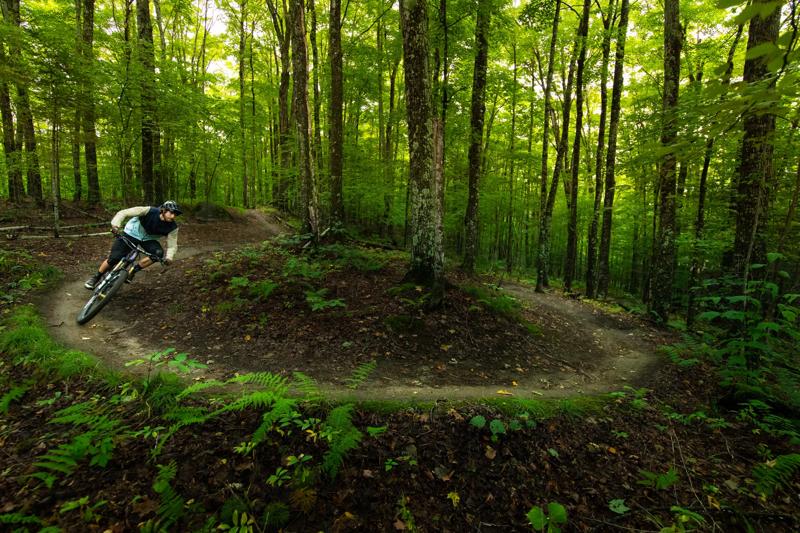 A mountain biker entering from the top and navigating a tight, U-shaped bermed curve on a dirt trail surrounded by lush green trees.