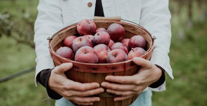 A person holds a wooden bucket of bright red apples outdoors.