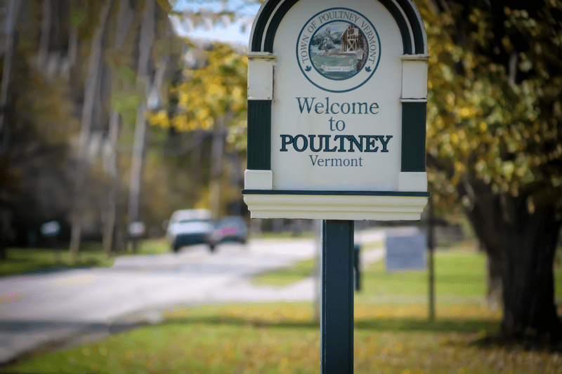 Welcome signage for the town of Poultney, Vermont.