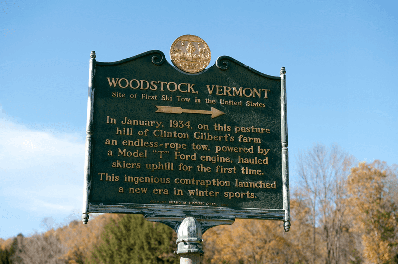 Woodstock, Vermont Historic Marker for First Ski Tow in the United States.