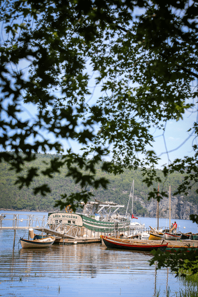 The Lois McClure floats next to a dock in Vergennes, Vermont.