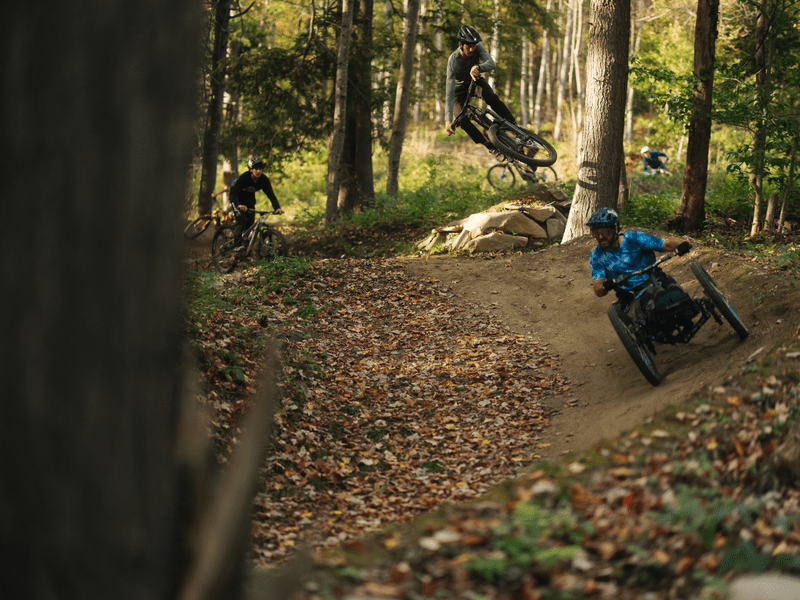 Two mountain bikes and a tricycle ride down a dirt path in the woods.