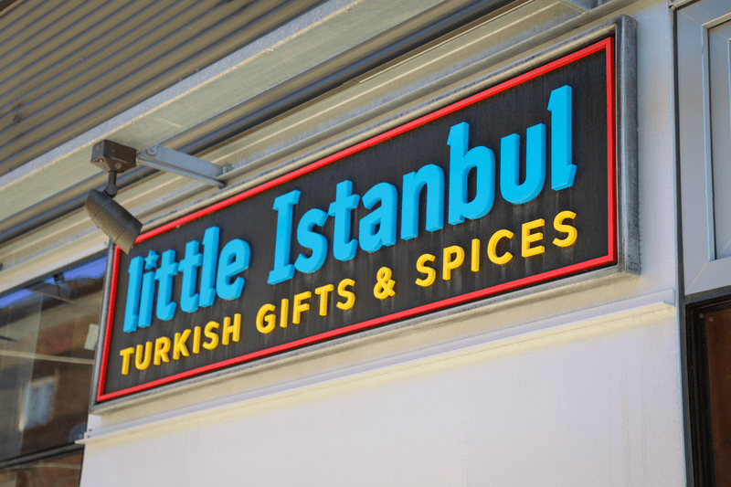 Colorful store signage for Little Istanbul, Turkish Gifts & Spices.