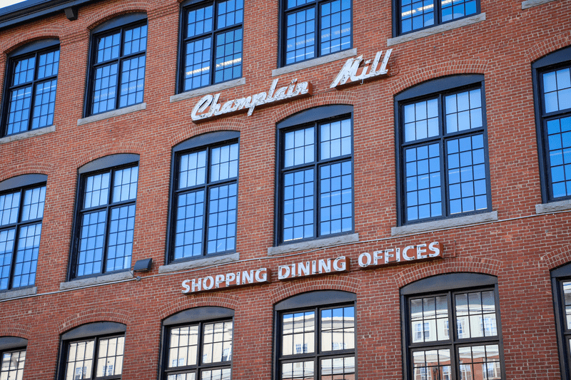 Winooski, Vermont Champlain Mill exterior façade, close up.