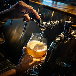 A person pours beer from a tap into a glass.