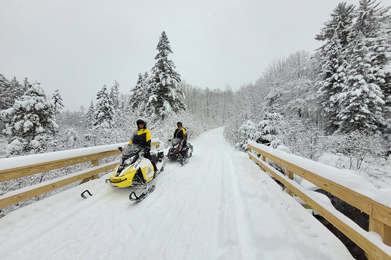 Two people snowmobile down a path in a snowy forest.