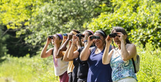 Five people look through binoculars in a forest.