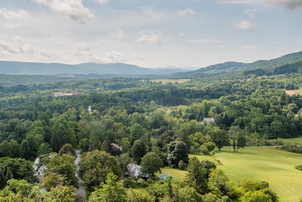 A landscape seen from above of patches of lush green trees and green mountains in the background.