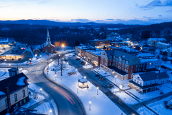 Seen from above, the town of Brandon, Vermont in the winter.