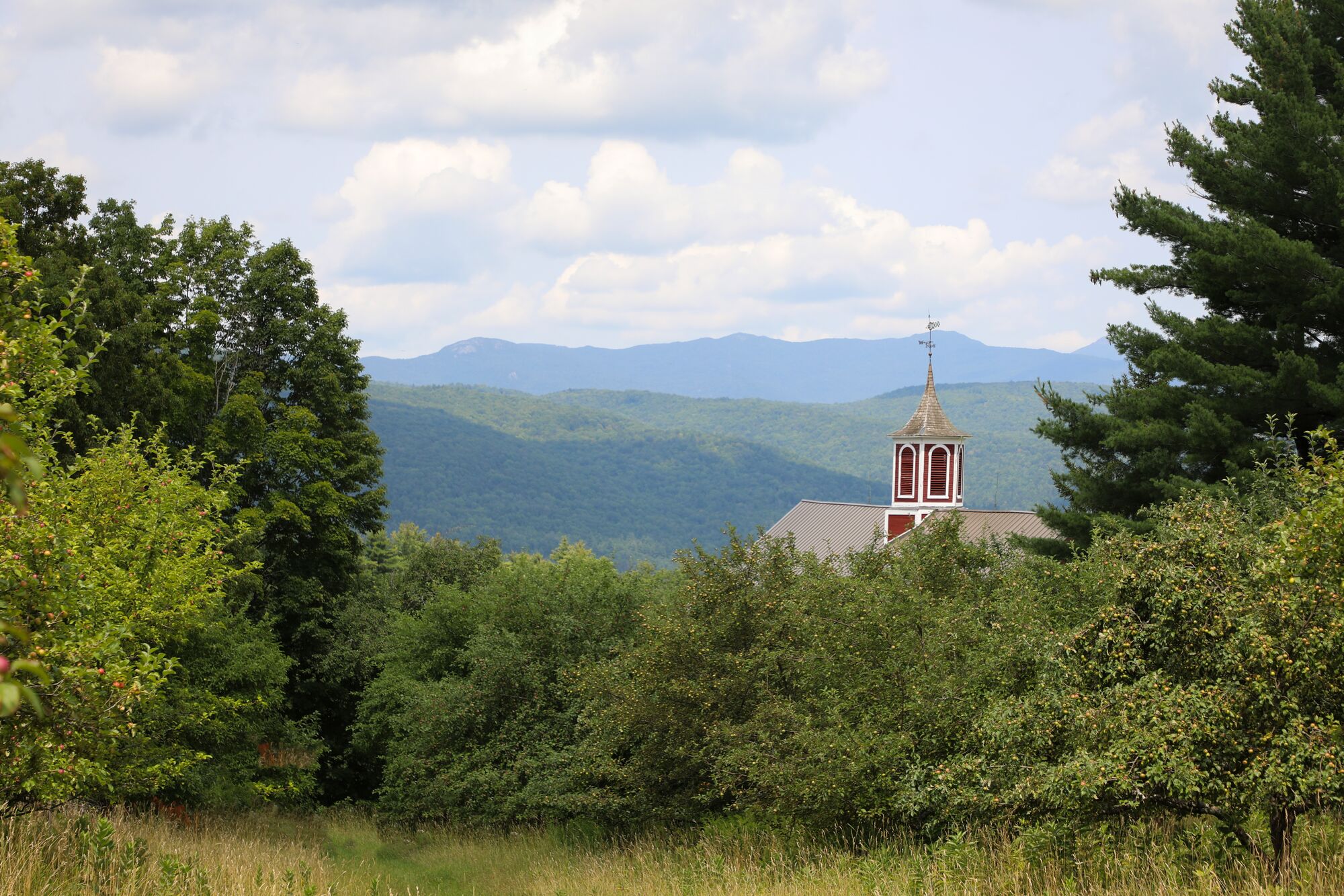 A church seen from a distance in the summer with mountains visible behind the building.