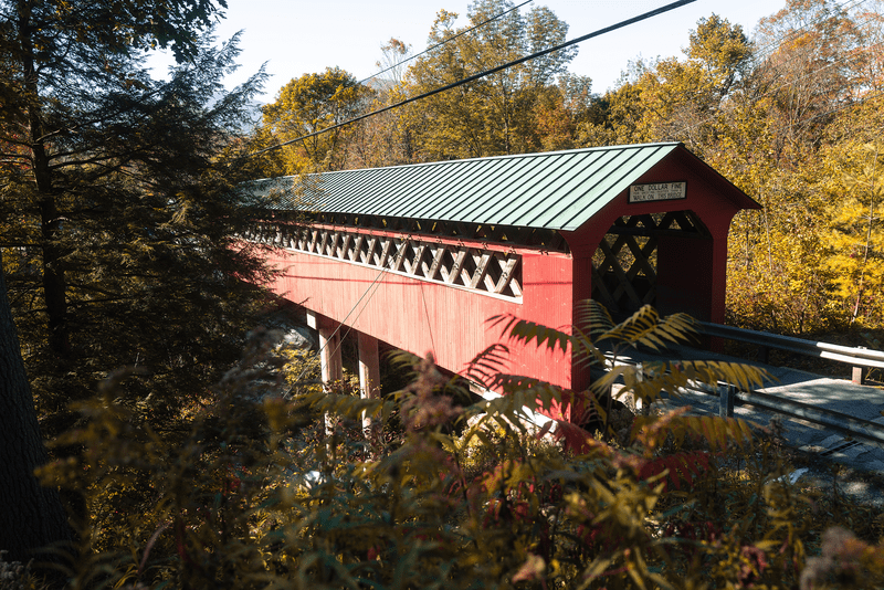 A red covered bridge seen through tree cover with lattice-style trusses visible through windows. It’s summer.