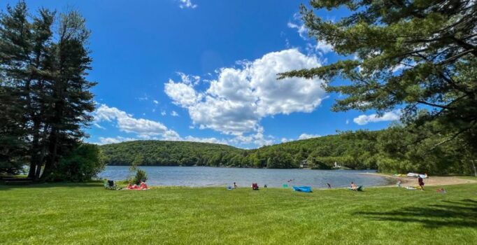 A grassy lawn leads to a sandy beach on a sunny summer day with trees visible around. People are both in the water and relaxing on the beach.