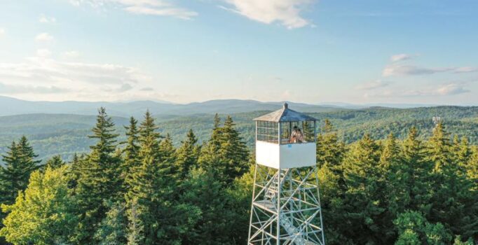 Seen from above, a fire tower above a treeline in the summer on a sunny day.
