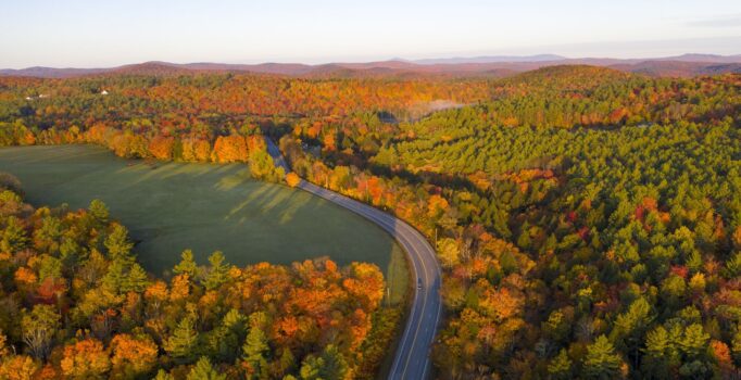 Seen from above in an aerial image, a road winds through a forest of brightly colored red, orange, and yellow trees in the fall on a sunny day. 