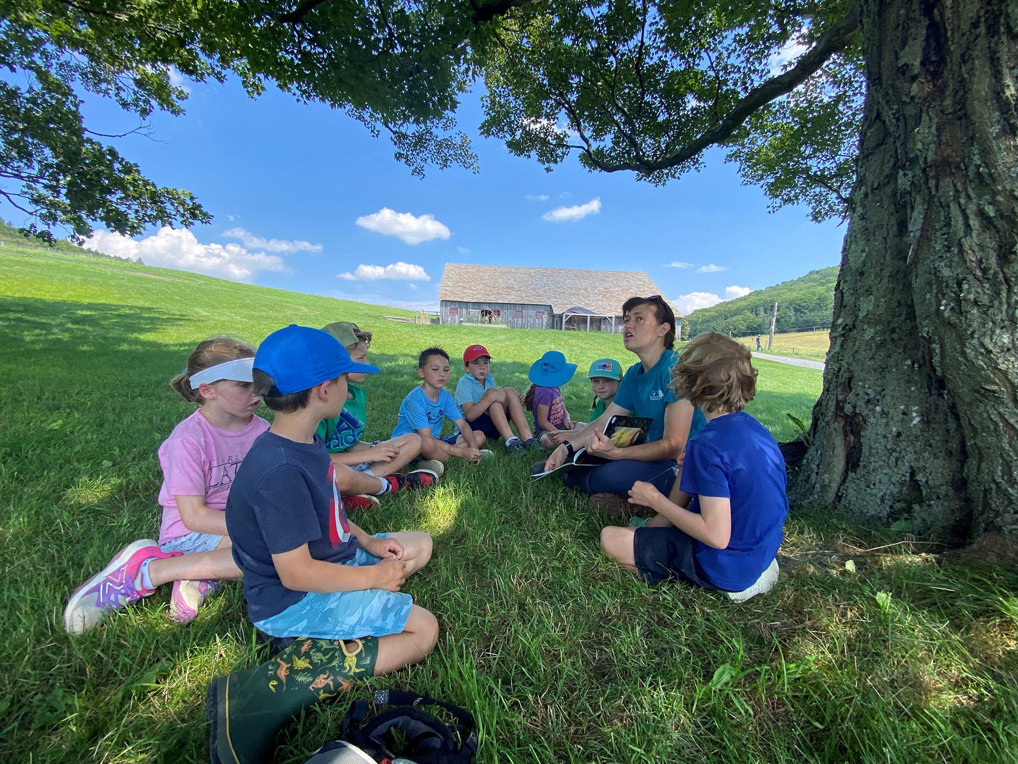 A group of people sitting outside on a grassy lawn in the summer.