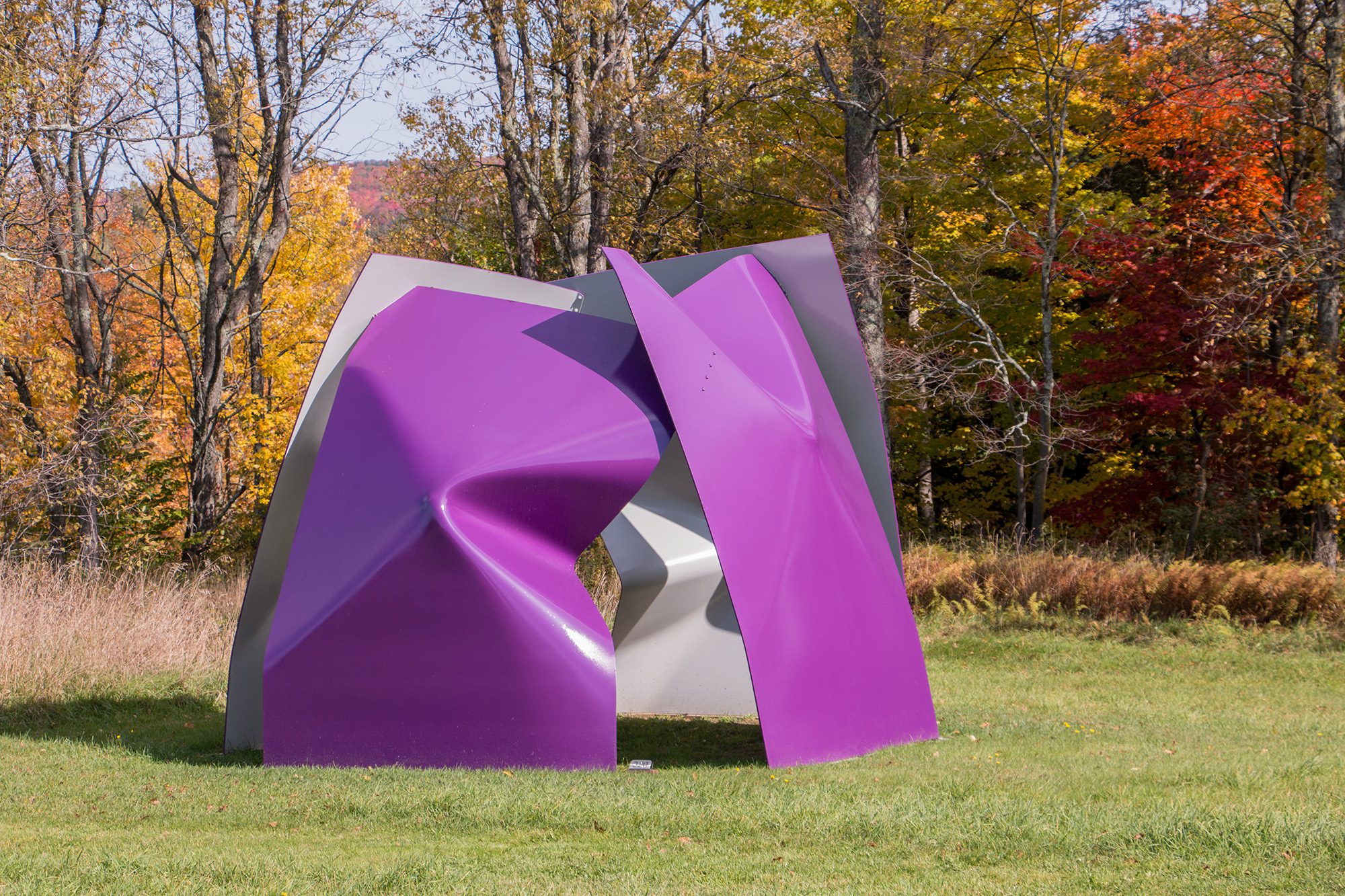 A metal piece of art, colored purple, is sitting in a field in the fall. 