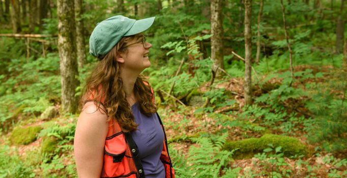 A person wearing a green hat and an orange vest, stands in the woods on a warm day.
