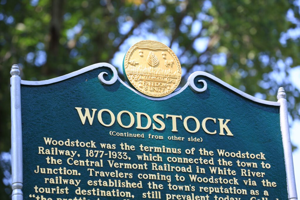 Woodstock, Vermont's Historic Marker sign up close.