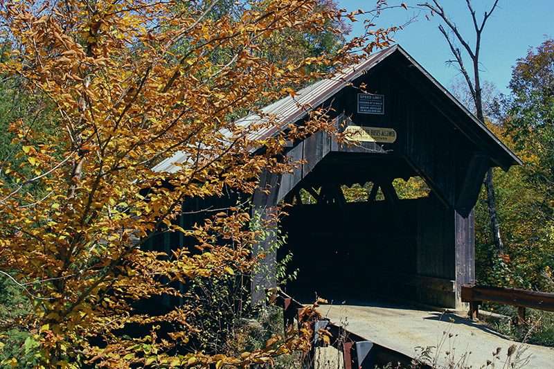 A covered bridge in the fall with yellow leaves in the foreground.